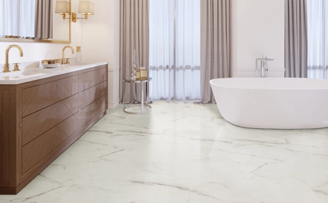 stone look marble luxury vinyl flooring in bathroom with soaker tub